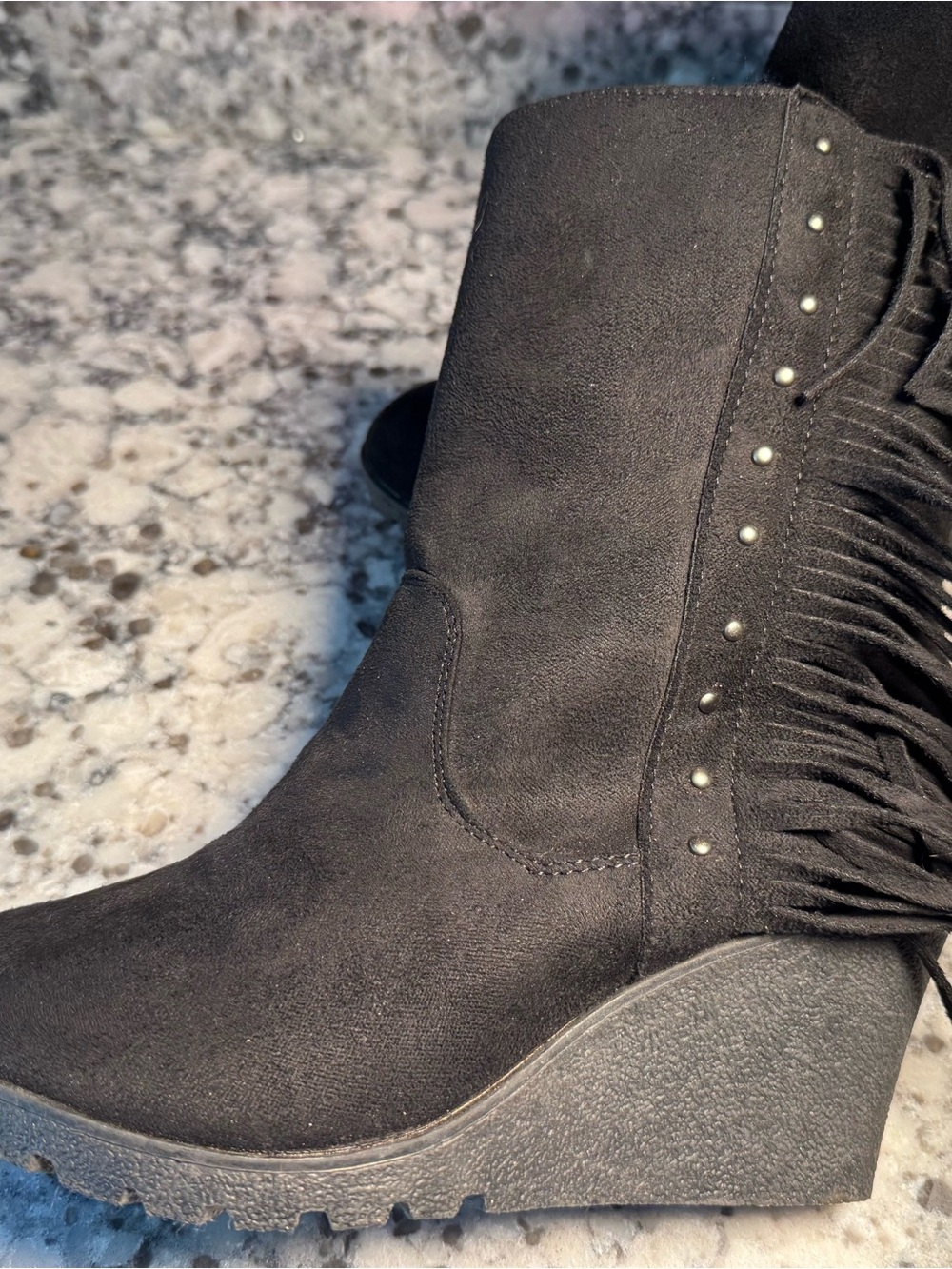 Fringed Black Wedge Ankle Booties with Stud Accents